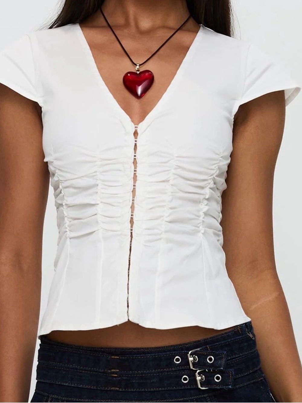 White Ruched Front Cap-Sleeve Top